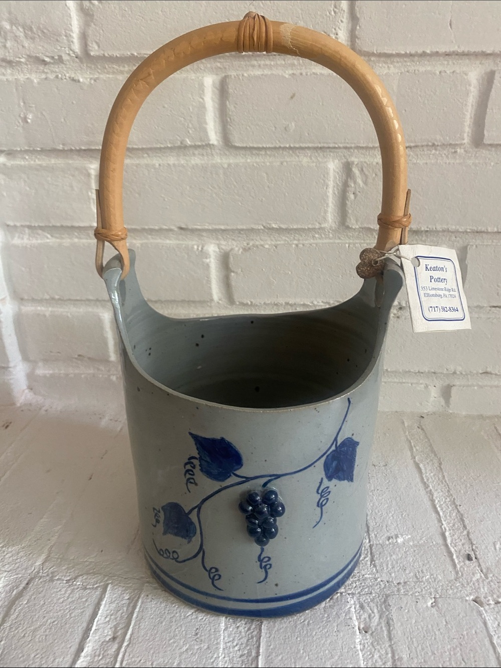 Kenton’s Pottery Blue and Gray Stoneware Basket with Grape Motif